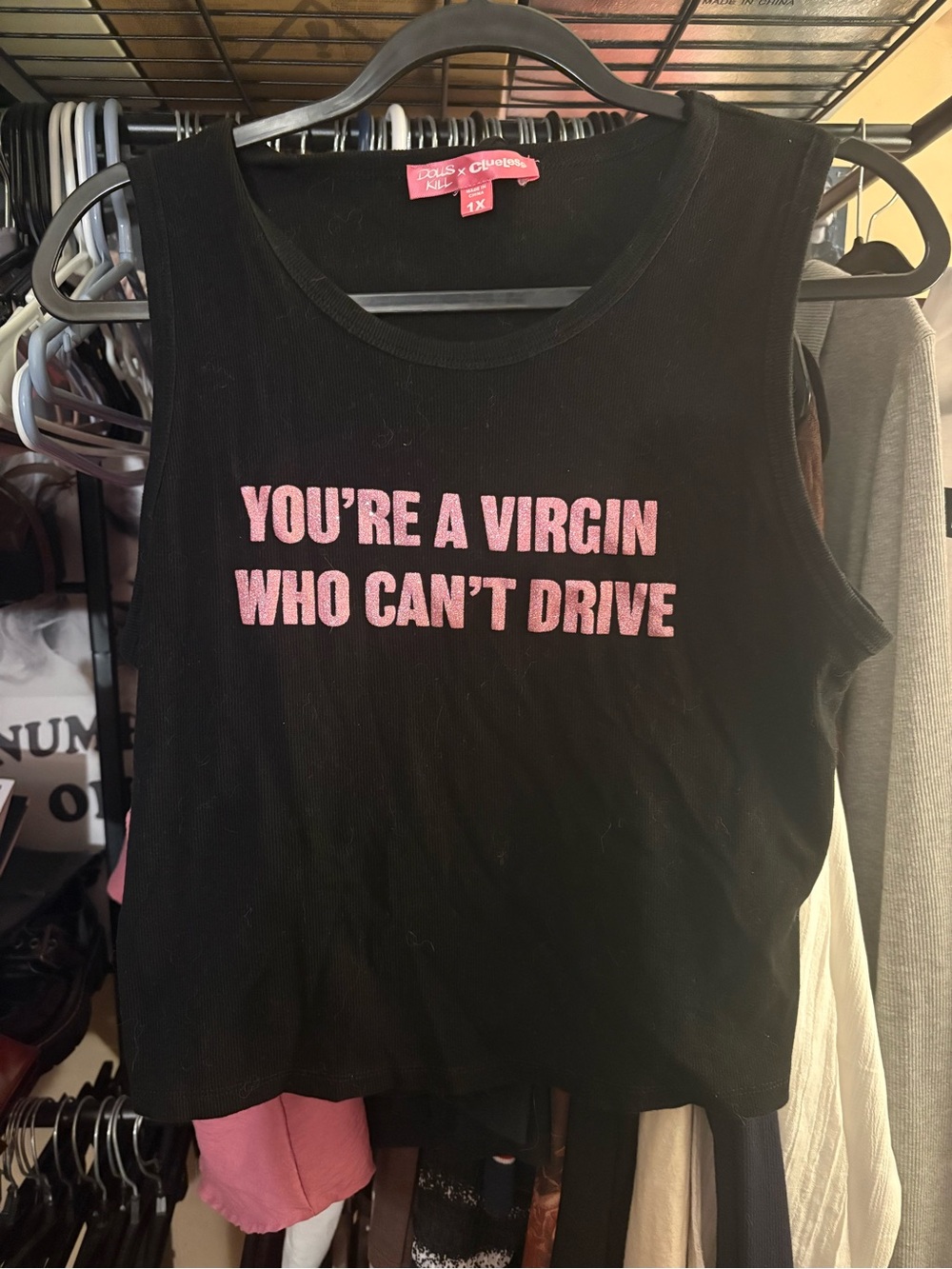 Dolls Kill Black Ribbed Tank with Pink Statement Print